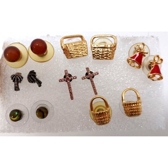 Earrings Pierced  Lot of 7 p0airs Baskets Cross Bells Palm Tree Ball Unbranded - Picture 2 of 2